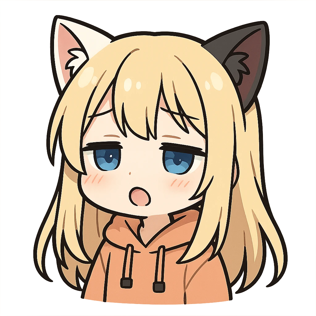 chibi anime catgirl with one white cat ear and one black cat ear, longer blonde hair, blue eyes, white skin, peach colored hoodie, cute, sleepy expression, twitch emote style, no background emoji