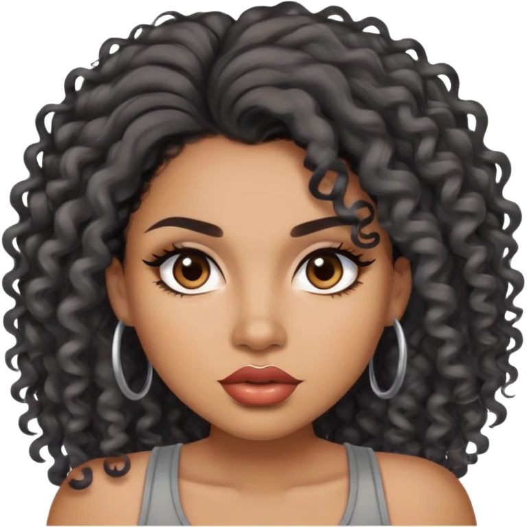 light brown skin tone, very beautiful woman, with big plump lips, long long lashes, black curly long hair, brown eyes, grey tank top emoji