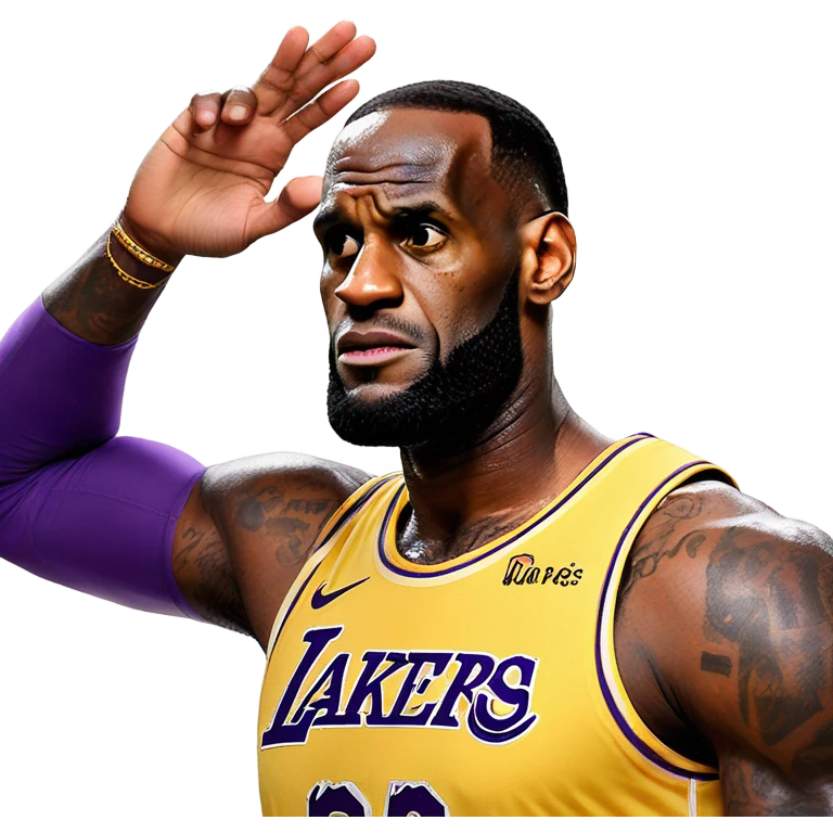 Lakers lebron with hands in the air, straight face emoji