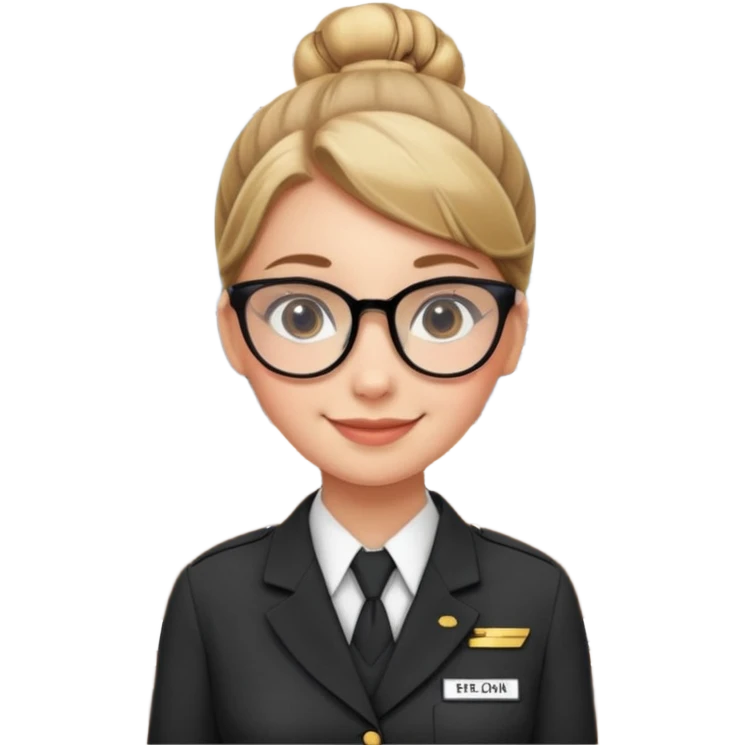 Young girl, bun hair, wearing uniform of reception with hotel name badge, glasses, stand behind the desk

 emoji