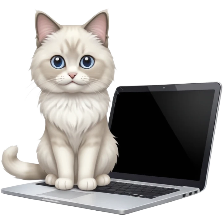 Cute ragdoll cat on a laptop. Should sit on top of the laptop, cat is way bigger than the laptop. Could walk on the laptop or sit. I liked the first one but remove the blue on the cat, Please make the brown parts light grey emoji