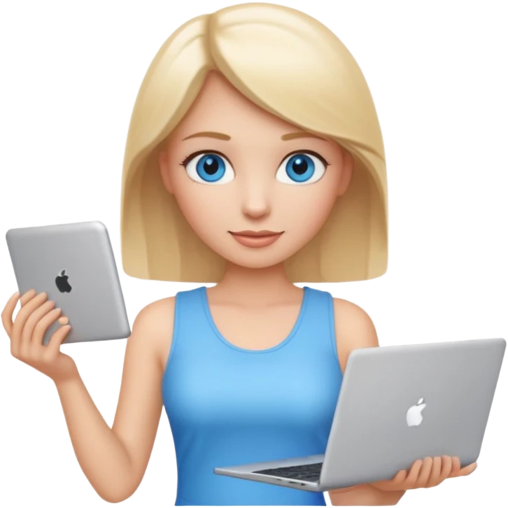 3D Apple-style emoji of a blonde woman with bright blue eyes,
wearing a white sleeveless top,
holding a silver laptop,
clean white background, smooth rounded design
 emoji