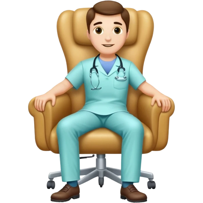The dentist is sitting in an armchair, leg on leg. on the sole is written: "I'm going home." emoji