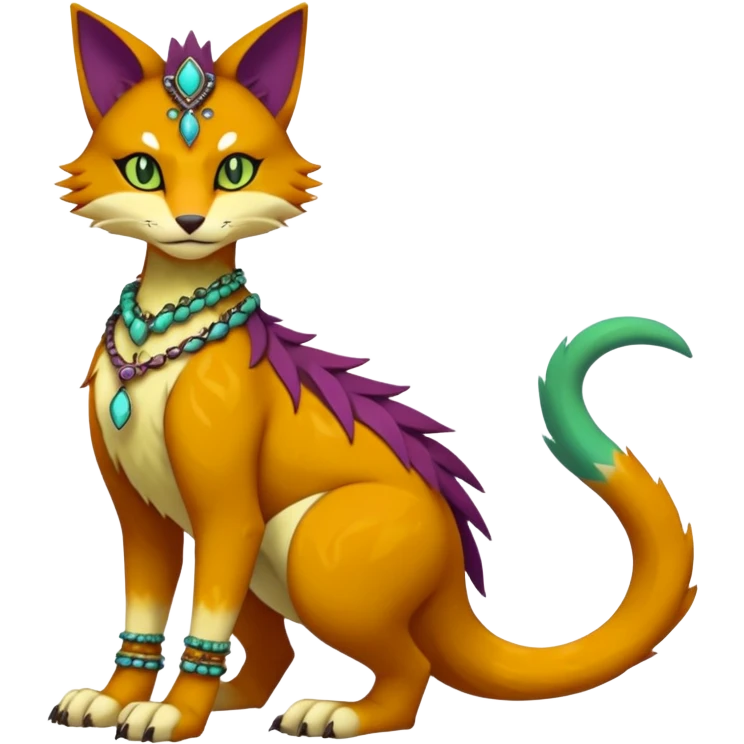 Kawaii cute reddish orangish yellowish greenish purplish exotic tribal beautiful pretty elegant divine edgy feline-vernid-sergal-Fakémon-Pokémon-Digimon-fursona-animal-creature with bracelet, necklace, full body, with intricate detailed markings emoji