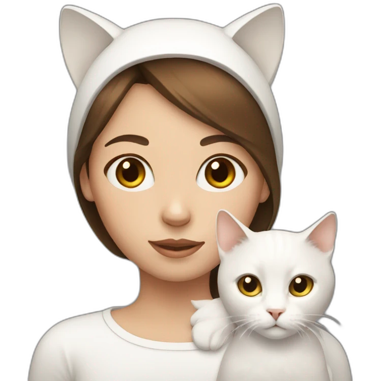 Brown hair girl with white cat on head emoji