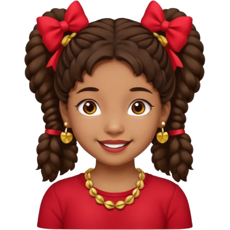 Brownskin girl dark brown hair fluffy. pigtails with red bows brown eyes smiling closed mouth red shirt gold esrrings gold necklace emoji