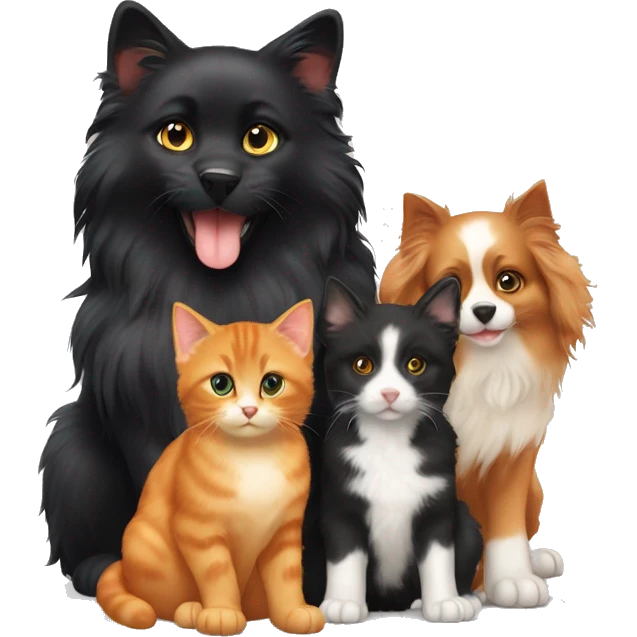 Black cat and long hair orange cat and Australian shepherd puppy emoji