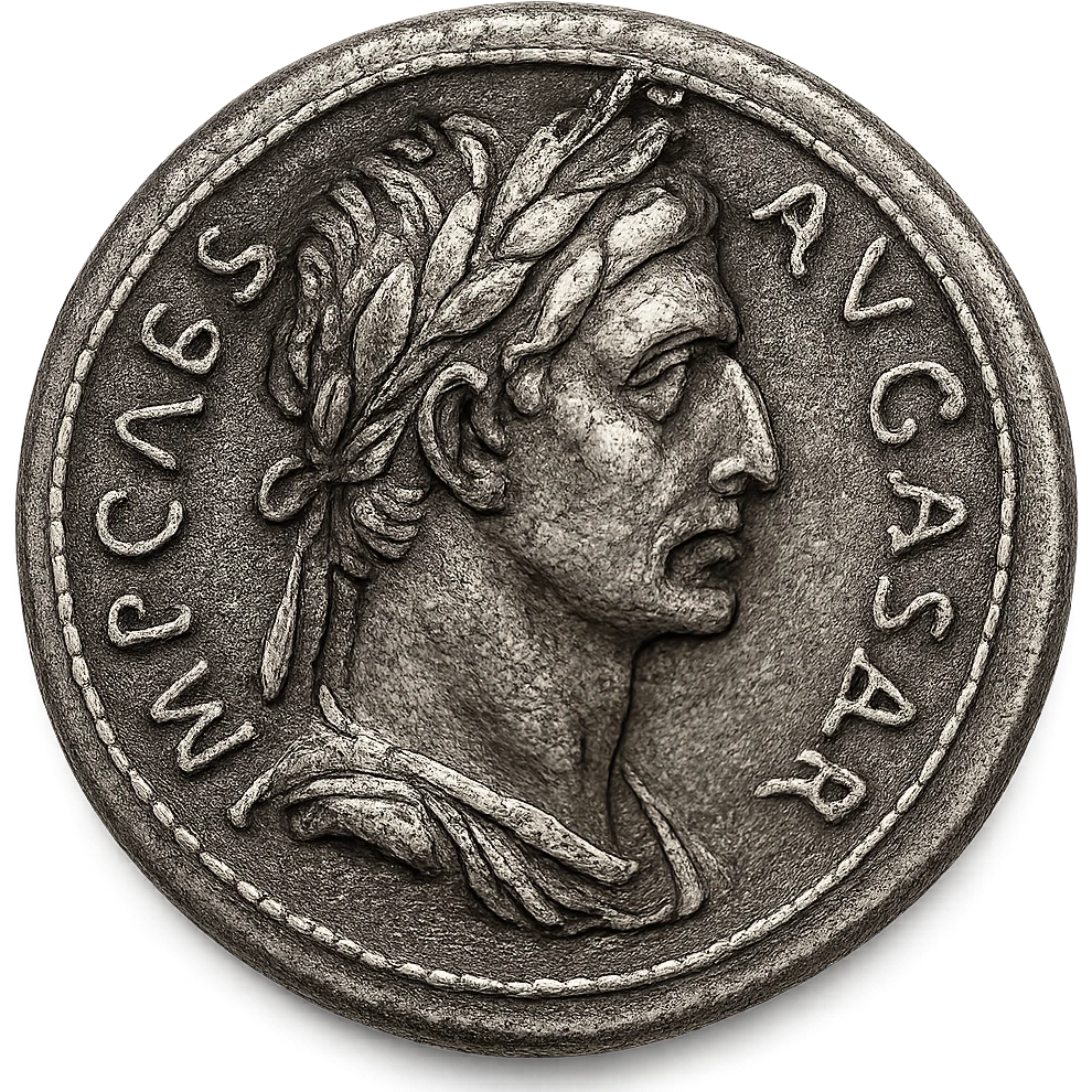 Create another variation of an imperial coin icon inspired by the reference image: profile bust with laurel wreath, engraved details, classic Roman style, transparent background. Emphasize the engraving details and classic Roman coin aesthetics. emoji