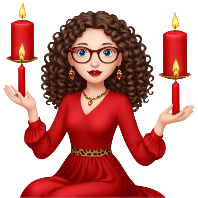 a blue eyed woman with very long brunette curly hair, full lips,and really pale skin. She is wearing a leopard printed thin round-ish glasses . She is wearing fully plain silky red dress. She is flying on the air. There are red candles in her hands. She is making a magic. emoji