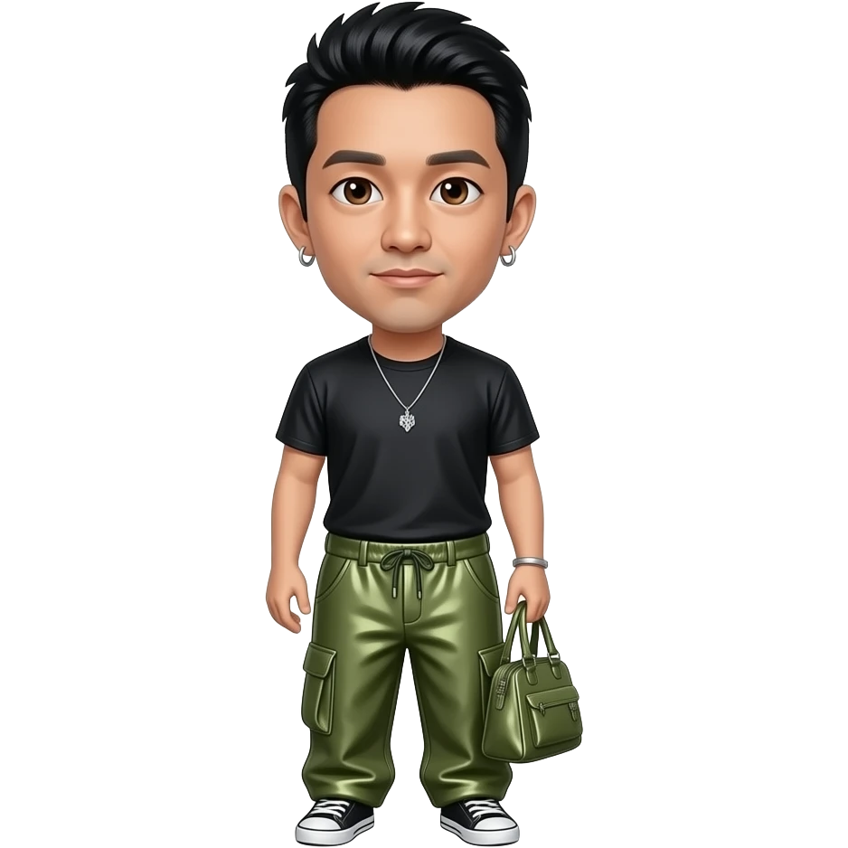 Mike Shinoda with brown eyes, black hair, black metallic t-shirt, olive green metallic baggy loose pants, necklace and earrings emoji