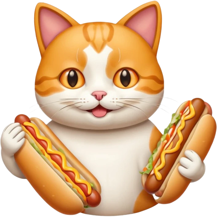 A cartoon cat holding and eating a hot dog emoji