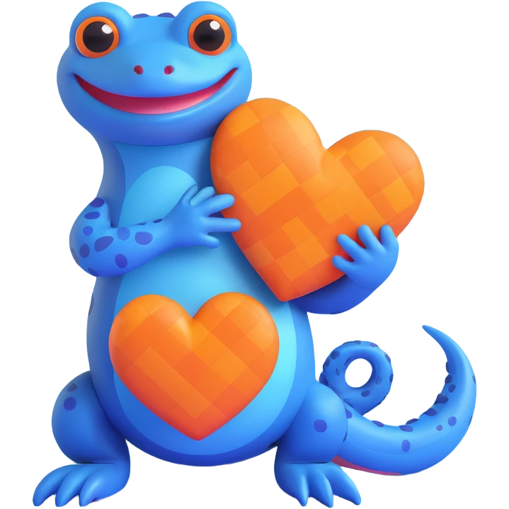 blue salamander with a square pattern on its skin, holding a heart emoji