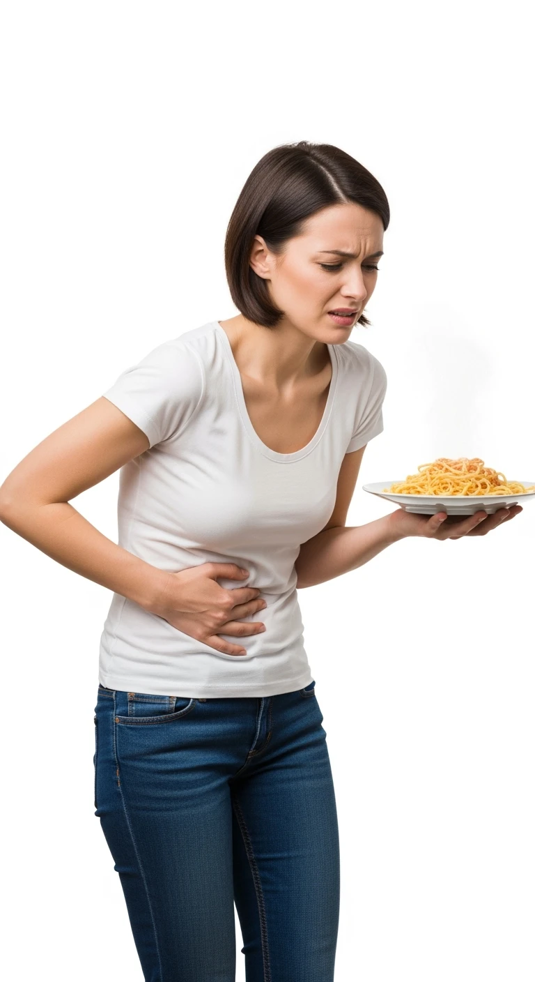 donna con gonfiore addominale e mal di pancia mentre tiene in mano un piatto di pasta, isolata su sfondo bianco emoji