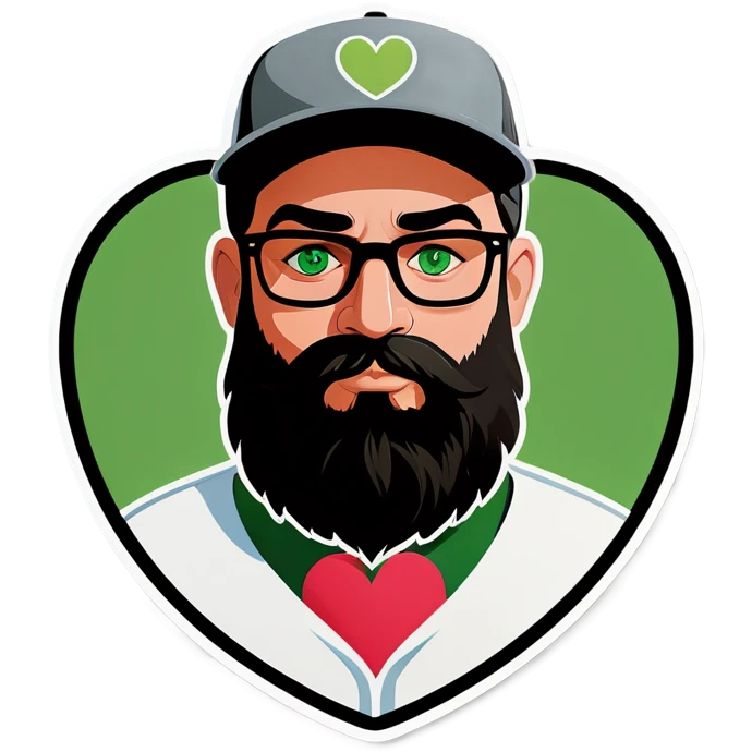 A bold man with a grey baseball cap, green eyes, big beard and glasses holding heart emoji