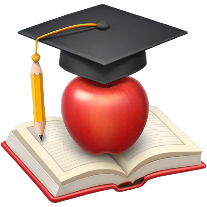 An icon featuring an open book, a chalkboard with lesson plans, and a pencil, symbolizing education and pedagogy. The design includes an apple and a graduation cap, representing teaching and learning. Transparent background highlights the growth and development in education. emoji