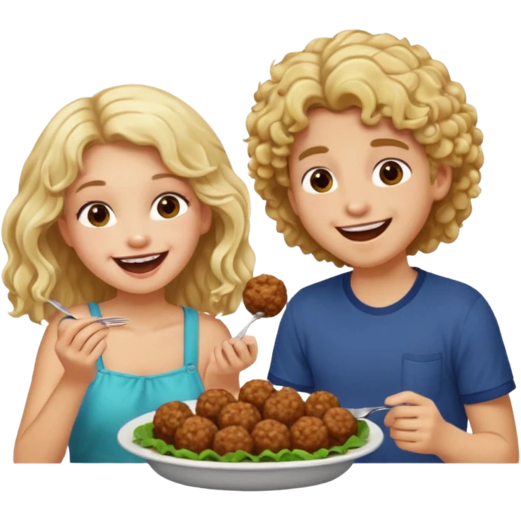 Ragazza bionda leggermente riccia e lunghi che ride ad un ragazzo con i capelli ricci scuri mentre mangia polpette emoji