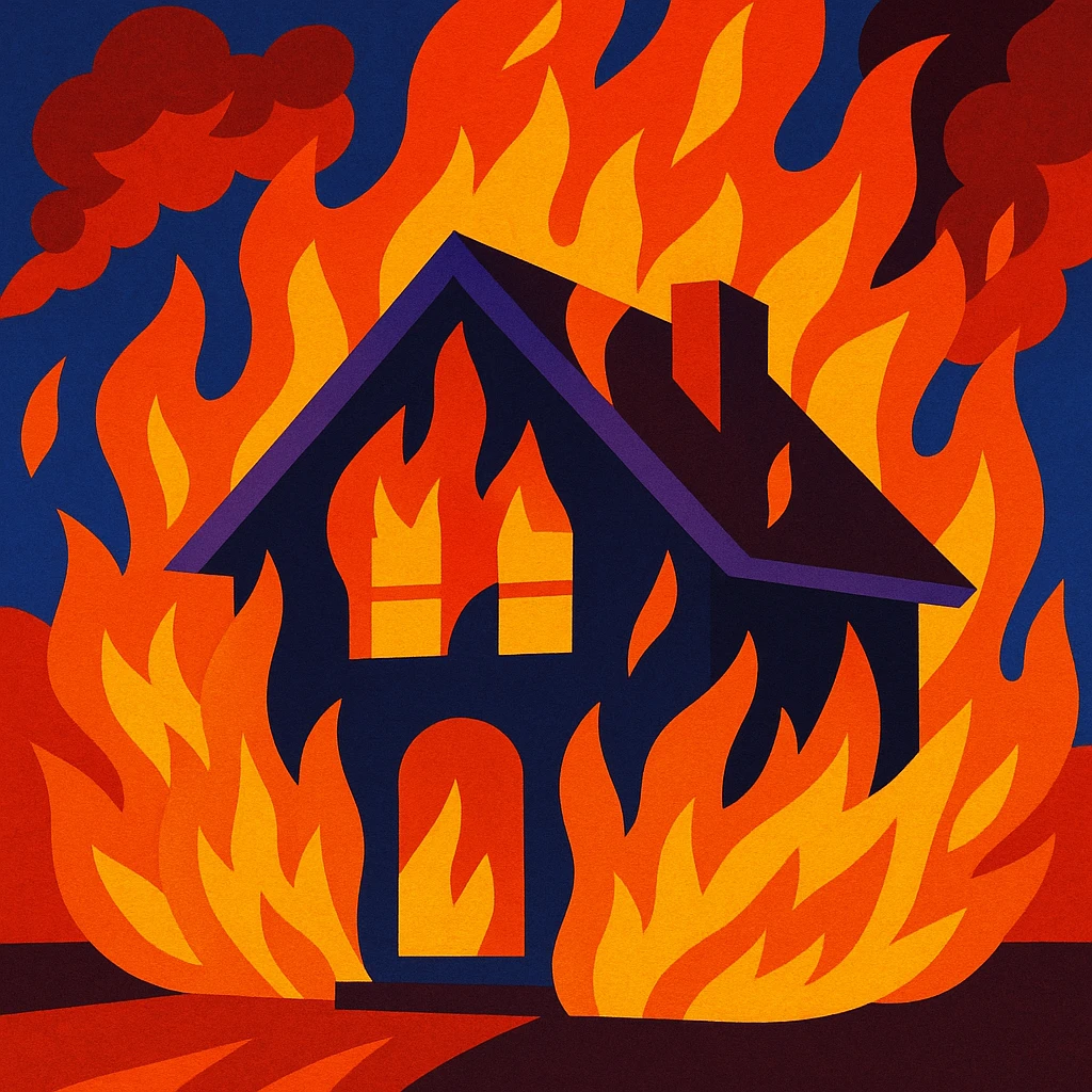 a house on fire, vibrant and dramatic emoji