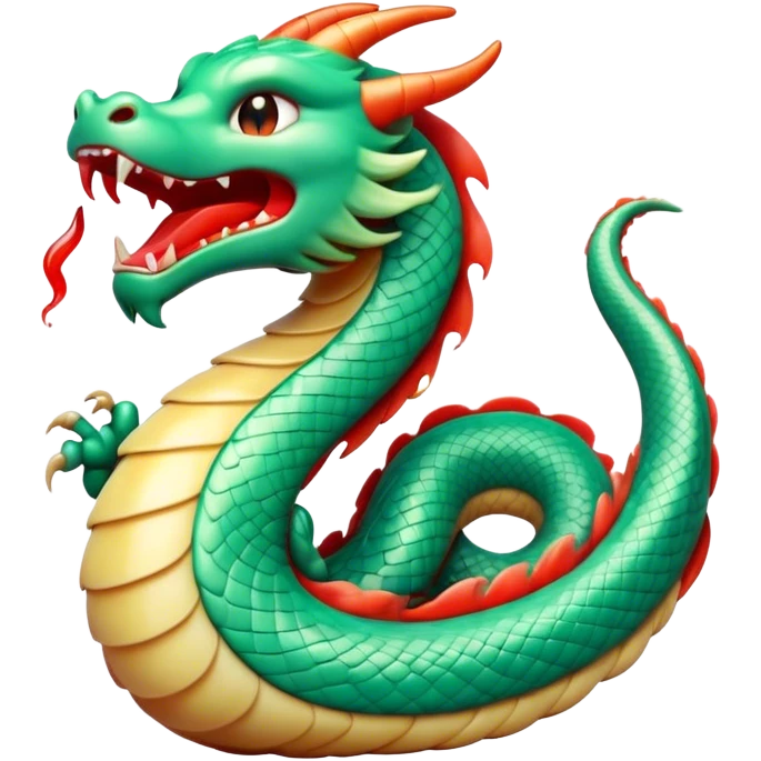 Cinematic Cute Yawning Chinese Serpent Dragon Portrait Emoji, Head gently inclined with a dramatic, wide-open yawn, revealing an elegantly elongated body with softly glowing jade and vermilion scales, enriched by subtle, ethereal cloud and ripple motifs; rendered with authentic detail and delicate natural light, high shine, relaxed yet wise, styled with a dash of ancient mystique, soft glowing outline, capturing the essence of a drowsy but venerable celestial dragon ready to drift into a serene, timeless slumber! emoji