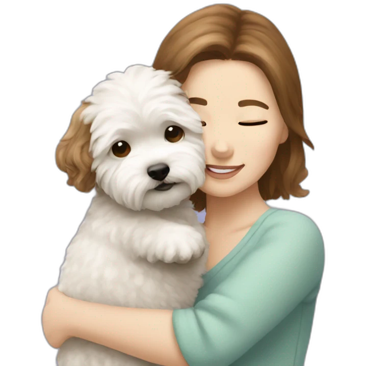 a brown-haired white woman hugging white maltipoo emoji