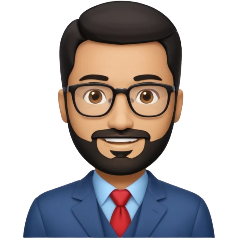 Attractive Hispanic TV host in his mid to late 40s with light brown skin, short straight black hair slicked back with fade on sides, heart handsome face with strong jawline, friendly approachable expression, black beard, wearing glasses emoji