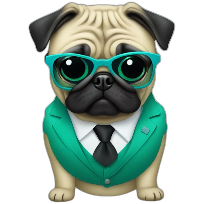 dog pug-in-gradient-green-blue-suit-with-and-black-sunglasses-standing-with-black-shoes emoji