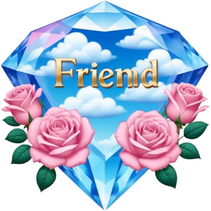 a heavenly pink and blue clouds covering diamonds with beautiful roses and petals and a text that says''Friend'' emoji