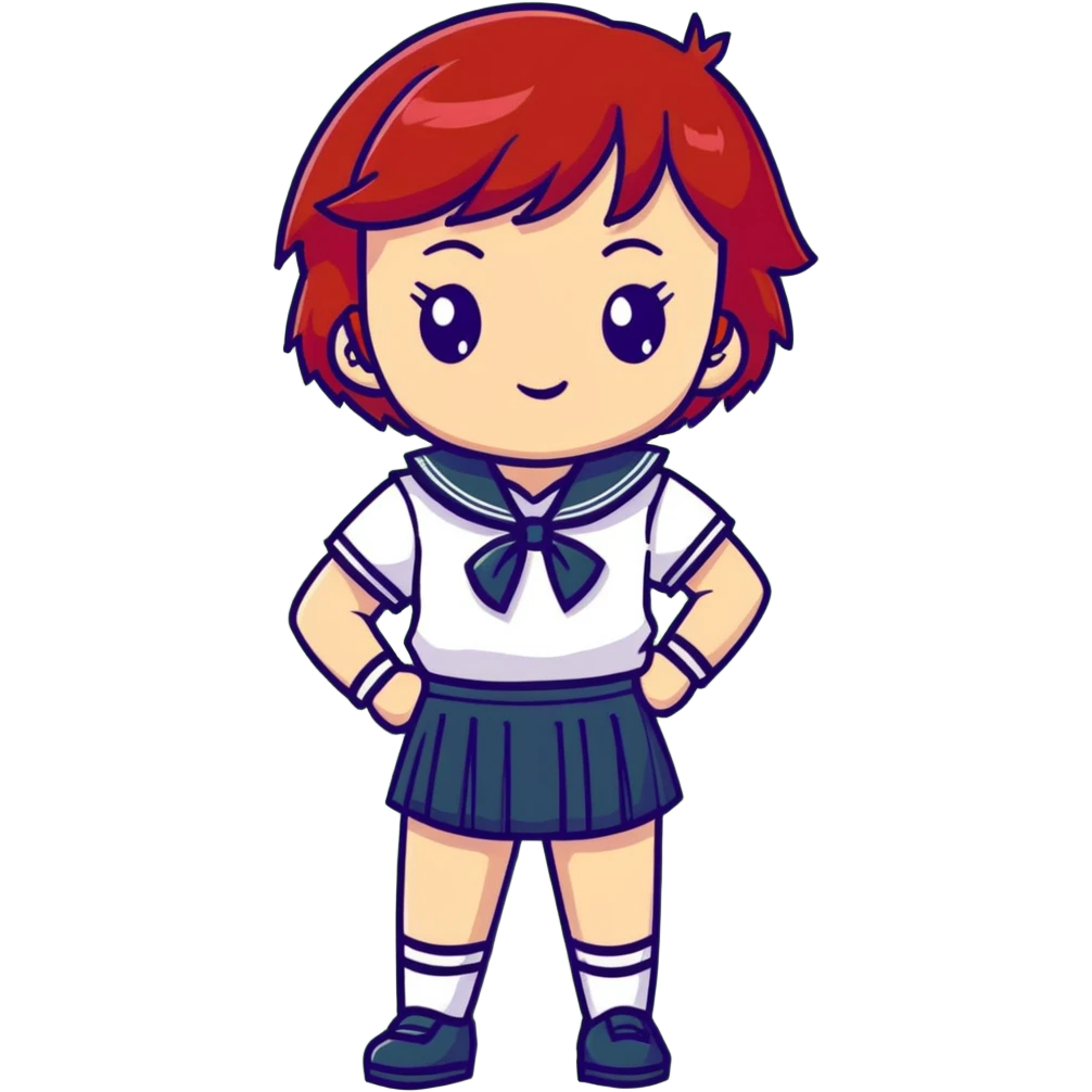 Serious anime girl with short bright red hair wearing Japanese sailor style school uniform, composed expression with hand on hip, confident and stern emoji