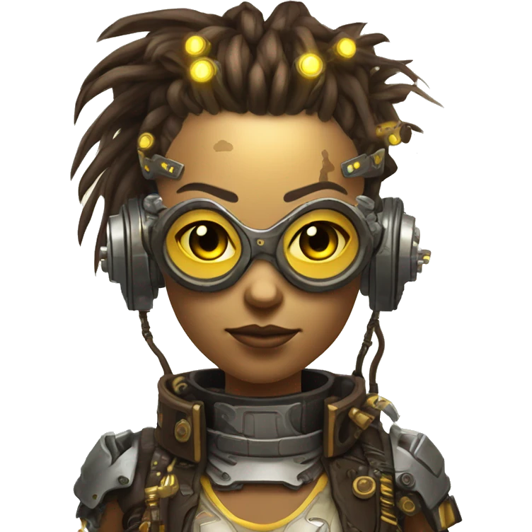 Brown with yellow streaks Mohawk hair female cyborg head, tan skin, steampunk goggles and circuits emoji