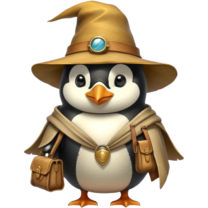 A explorer penguin inspired by Indiana Jones, wearing a weathered yellow enchanted hat and a flowing cape. It carries a leather satchel with ancient scrolls. Cartoon-style, smooth shading, highly detailed, no background emoji