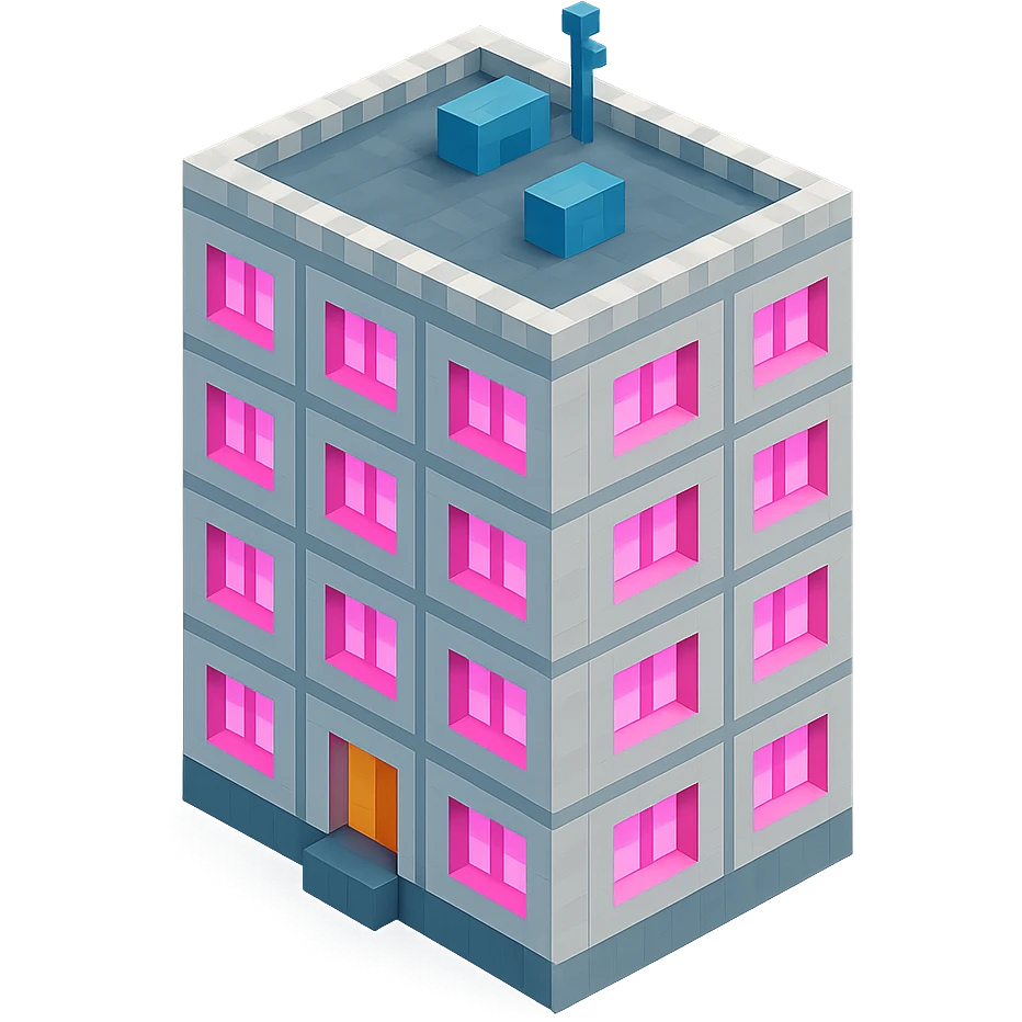Russian panel apartment building, compact square block, light gray, pink glowing windows, isometric view emoji