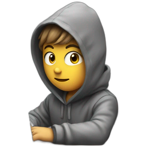 Young boy with a hood behind his computer and focus on his code  emoji
