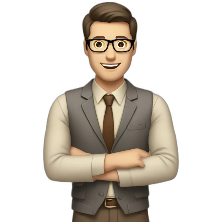 To belt Actively gesturing with hands Pale skinned fit man teacher with dark brown hair in gray jacket, beige office shirt, brown tie, brown pants and vintage glasses. emoji