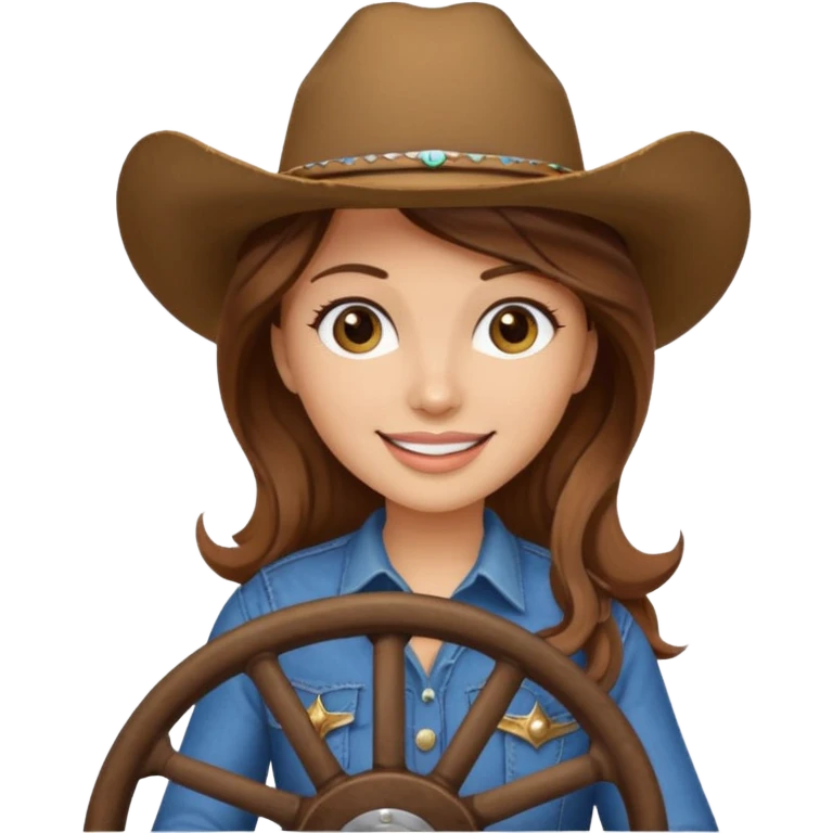 ["Light-skinned cowgirl, brown hair, wearing a cowboy hat, holding the wheel."] emoji