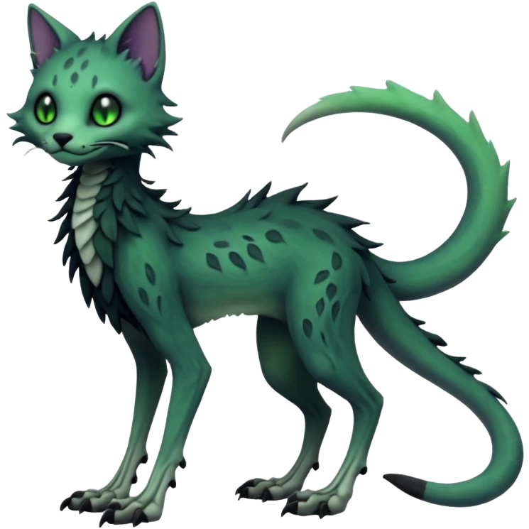 Scaley Kawaii spectral spooky dark bleak blackish swampy white-skeletal gloomy ghostly dark greyish dark-deep-greenish foggy eldritch beautiful realistic edgy fantasy ghoul-like stitched feline-vernid-sergal-fursona animal creature with a tufted tail full body with intricate markings  emoji