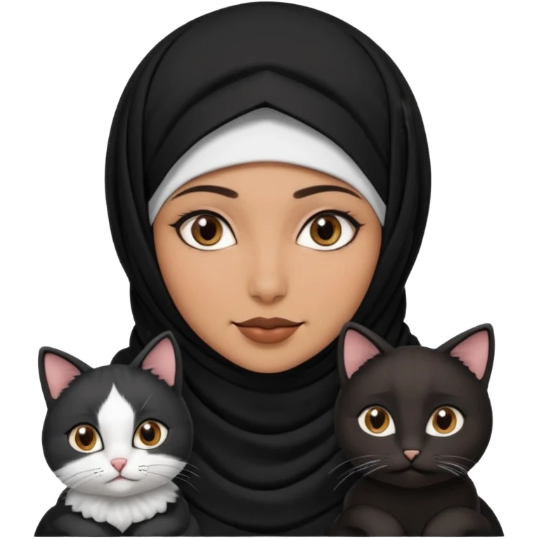 A Arabic woman human with brown eyes and black hijab. , the human is a human no cat ears, two cats, the both cats have the colour black and white in the same colour,   emoji