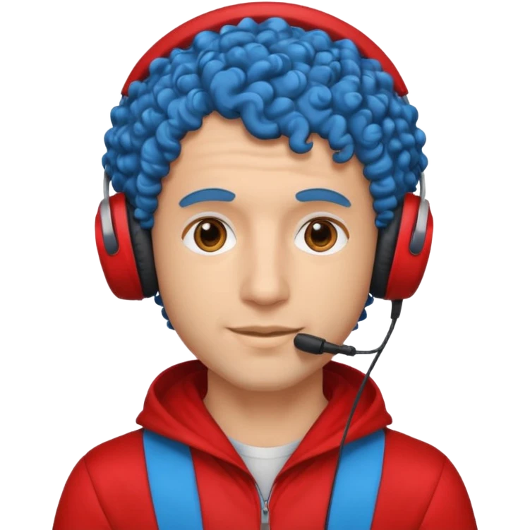 blue curly haired man with headphone and red costumes  emoji