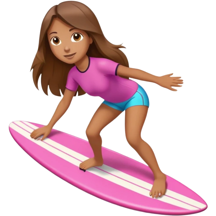 Girl with long brown hair surfing at pink short board  emoji
