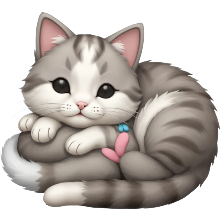 grey and white small cat with eyes closed lying down upside down with its head resting on its paw emoji