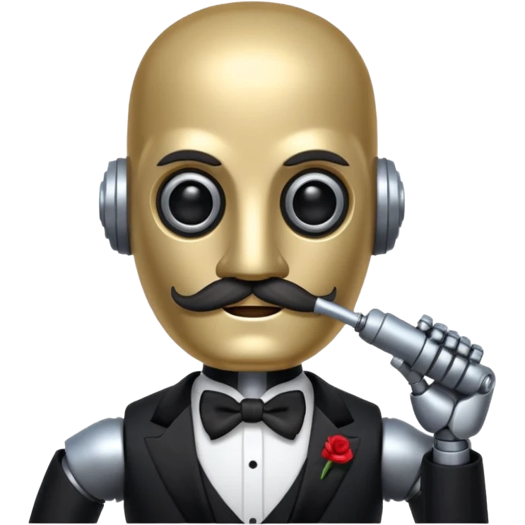 Robot with a cylindrical head, handlebar moustache, no pupils, wearing a tuxedo, buff emoji