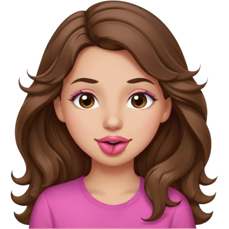 girl with long wavy brown hair, brown eyes, light to medium complexion, in a pink shirt, pink lips, long lashes, puckering lips kissing, winking with one eye emoji