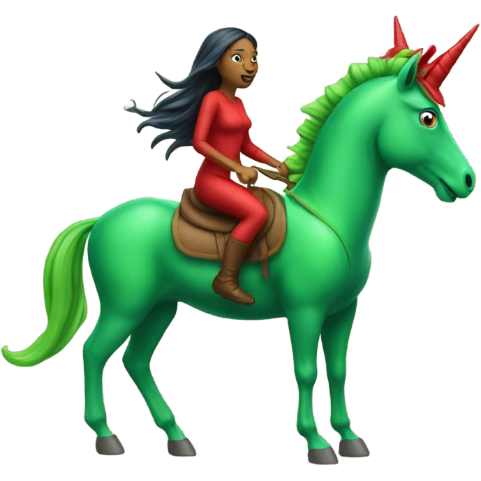 a green amazon alien woman, on a four-legged red unicorn emoji