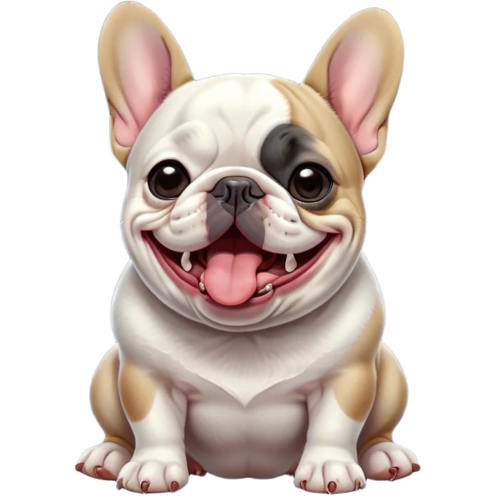 Cinematic Cute Yawning Pied French Bulldog Portrait Emoji, Head tilted with an exaggerated, endearing yawn and sleepy, squinty eyes, showcasing a unique pied fur of contrasting colors with a playful expression, simplified yet irresistibly adorable, highly detailed, glowing with a soft, cozy radiance, high shine, exuding a relaxed, humorous charm, styled with a gentle, soft glowing outline, capturing the essence of a Pied French Bulldog in a blissfully cute yawn that warms the heart! emoji
