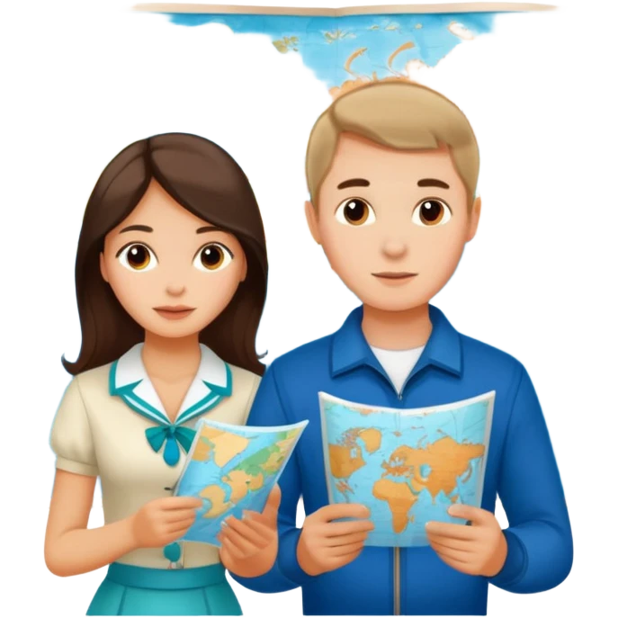 Russian young man and elegant fair-skinned Latina girl in cute costal outfits with a map planning  emoji