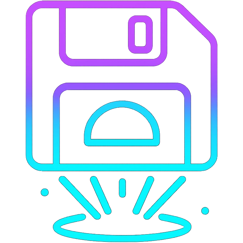 icono de guardar holográfico futurista, líneas de neón morado y cian, efecto animado de resplandor y líneas que se iluminan emoji