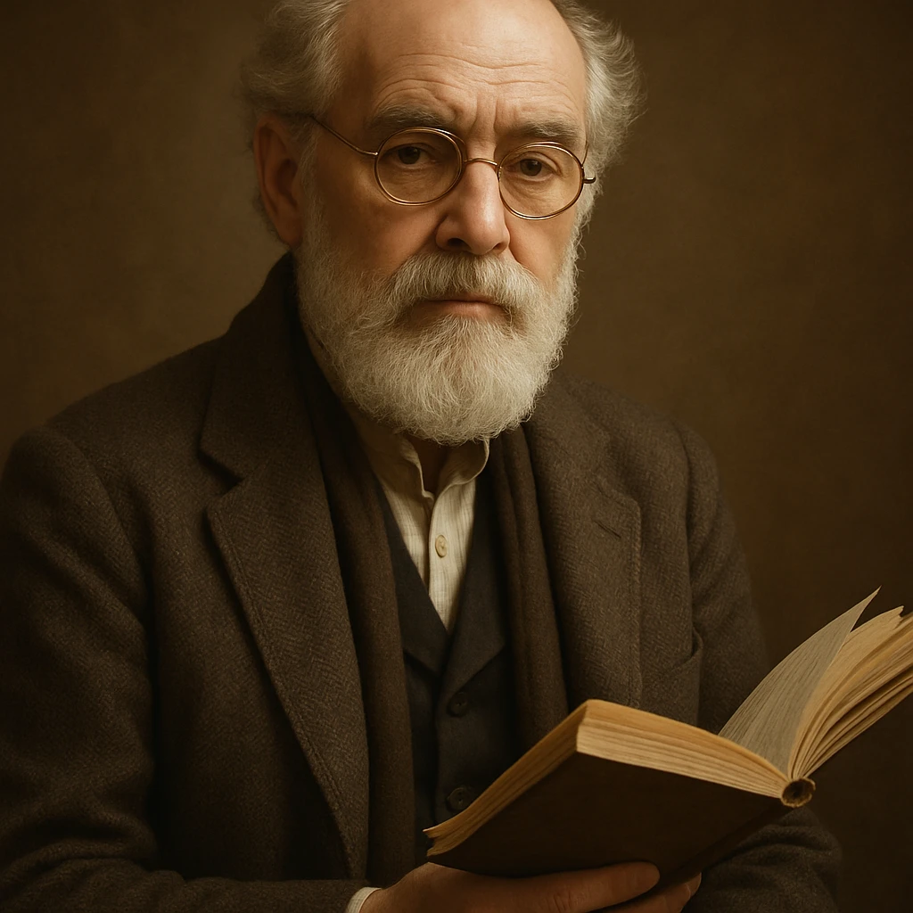 an intellectual poet with round gold glasses, a white beard, and a book in his hand, dignified and thoughtful expression emoji