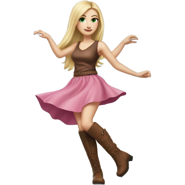 Realistic White girl with Long straight blonde hair, green eyes, tattoos, full body wearing pink dress and Brown knee-high leather boots, dancing emoji
