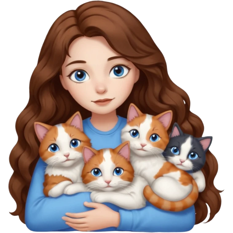 girl with long wavy brown hair, blue eyes, long lashes makeup, cuddling with 6 cats emoji