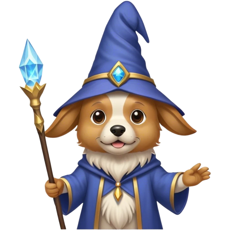 A dog that looks like a wizard, wearing a pointed wizard hat, holding a magic wand, and wearing headphones. emoji
