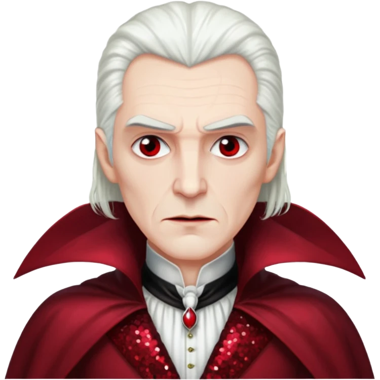 Count Dracula with long white hair, dark red sequin outfit  emoji