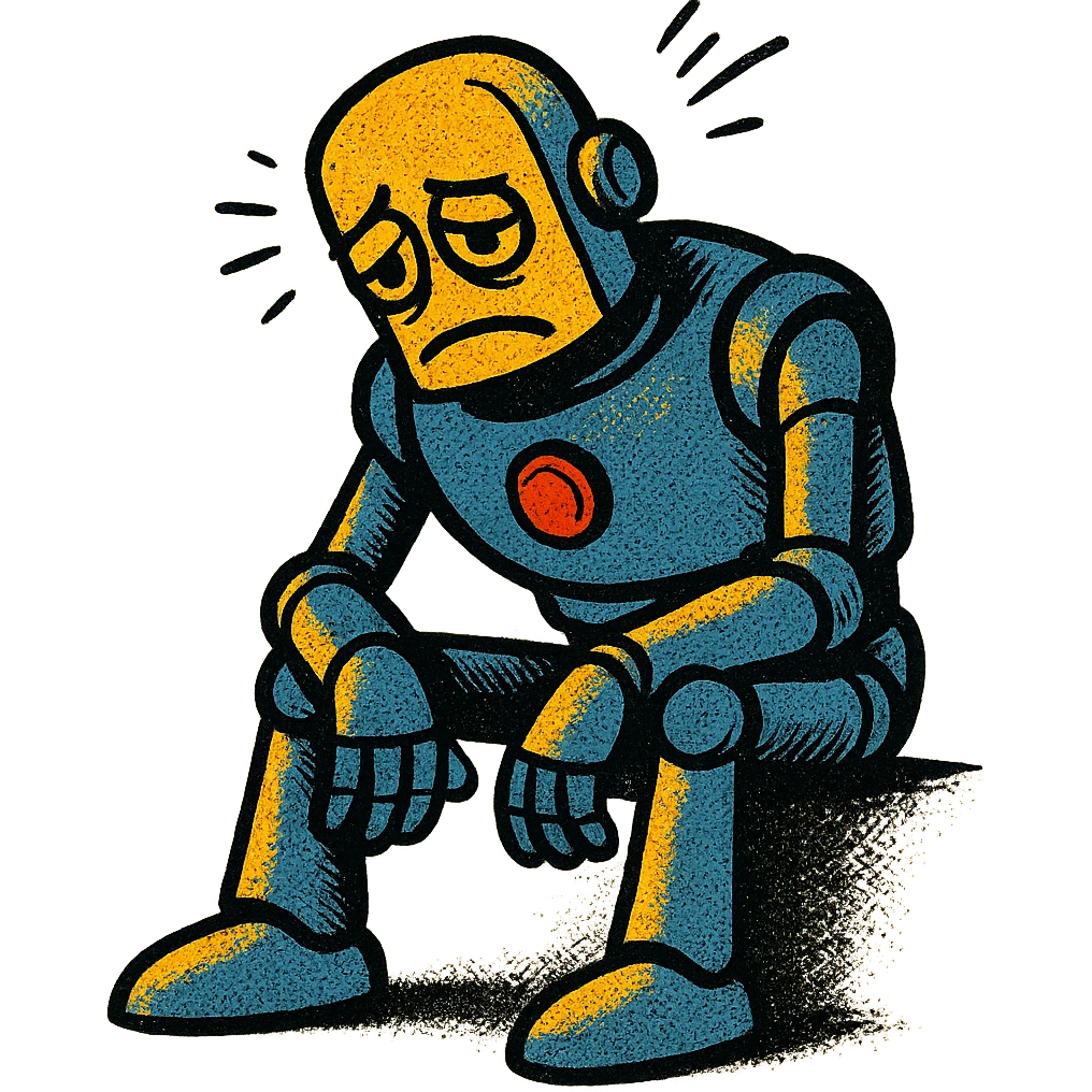 melancholy robot with slumped posture, classic comic ink lines, oldschool comicbook style emoji
